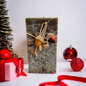 Artisan Pillar Candle Holly Berry Acorn Christmas 6x3" Handmade Wax Holiday Gift